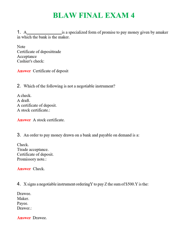 BLAW FINAL EXAM 4 | Actual Questions and Verified Answers ( Included ) 100% Correct