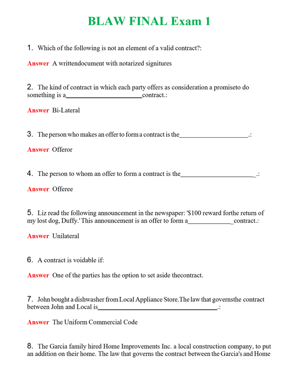 BLAW FINAL Exam 1 | Actual Questions and Verified Answers ( Included ) 100% Correct