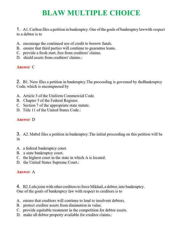 BLAW MULTIPLE CHOICE | Actual Questions and Verified Answers ( Included ) 100% Correct