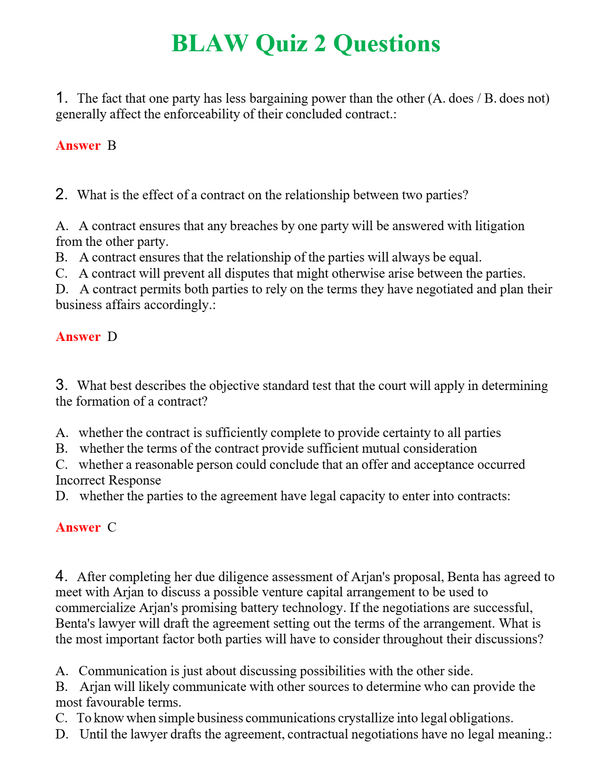 BLAW Quiz 2 Questions | Actual Questions and Verified Answers ( Included ) 100% Correct