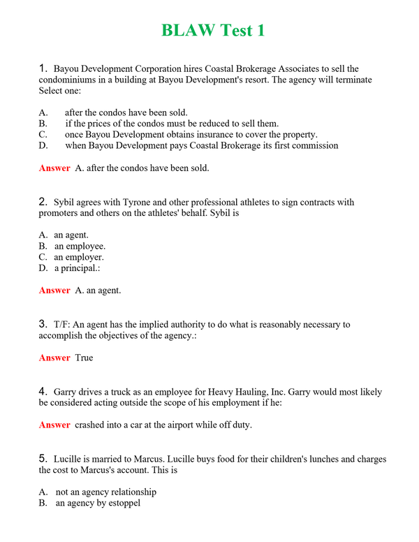 BLAW Test 1 | Actual Questions and Verified Answers ( Included ) 100% Correct