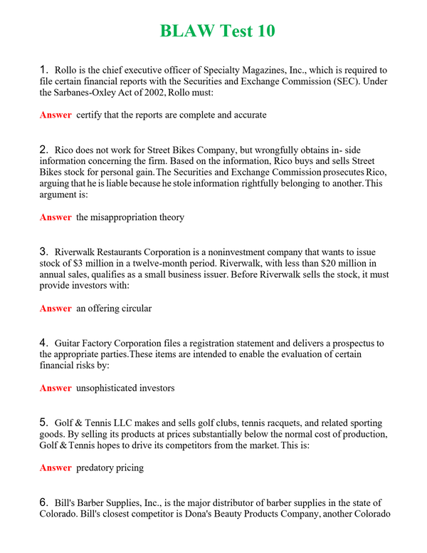 BLAW Test 10 | Actual Questions and Verified Answers ( Included ) 100% Correct
