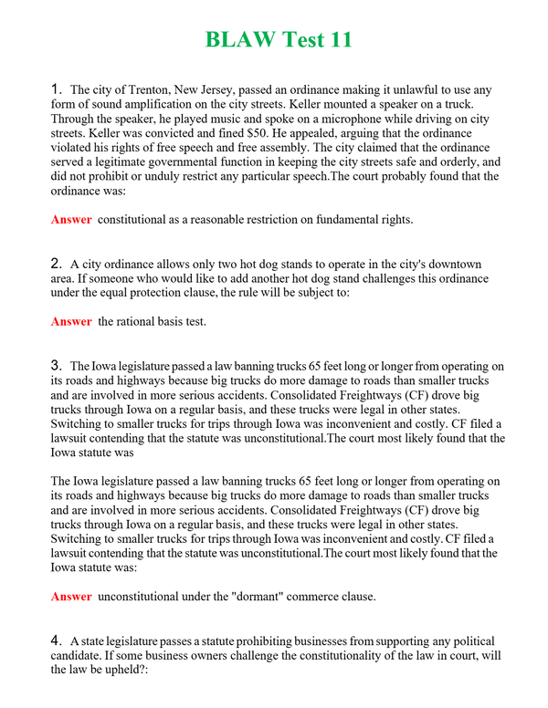 BLAW Test 11 | Actual Questions and Verified Answers ( Included ) 100% Correct