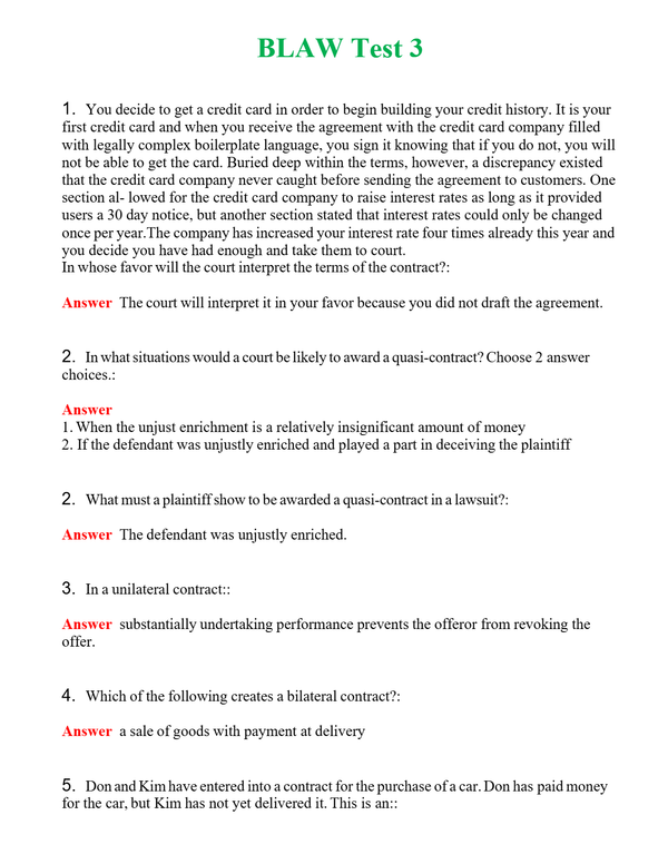 BLAW Test 3 | Actual Questions and Verified Answers ( Included ) 100% Correct
