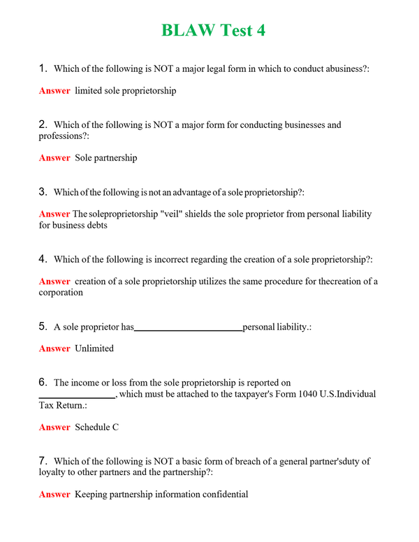 BLAW Test 4 | Actual Questions and Verified Answers ( Included ) 100% Correct