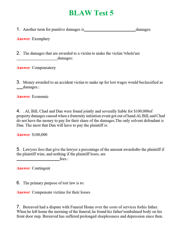 BLAW Test 5 | Actual Questions and Verified Answers ( Included ) 100% Correct