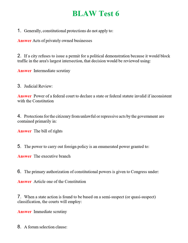 BLAW Test 6 | Actual Questions and Verified Answers ( Included ) 100% Correct