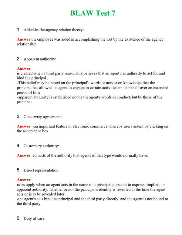 BLAW Test 7 | Actual Questions and Verified Answers ( Included ) 100% Correct