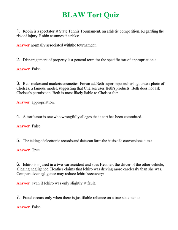 BLAW Tort Quiz | Actual Questions and Verified Answers ( Included ) 100% Correct