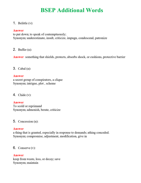 BSEP Additional Words Questions With Complete Grade A+ Answers