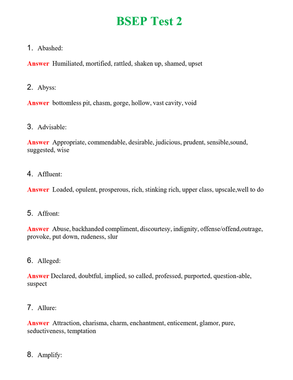 BSEP Test 2 Questions With Complete Grade A+ Answers