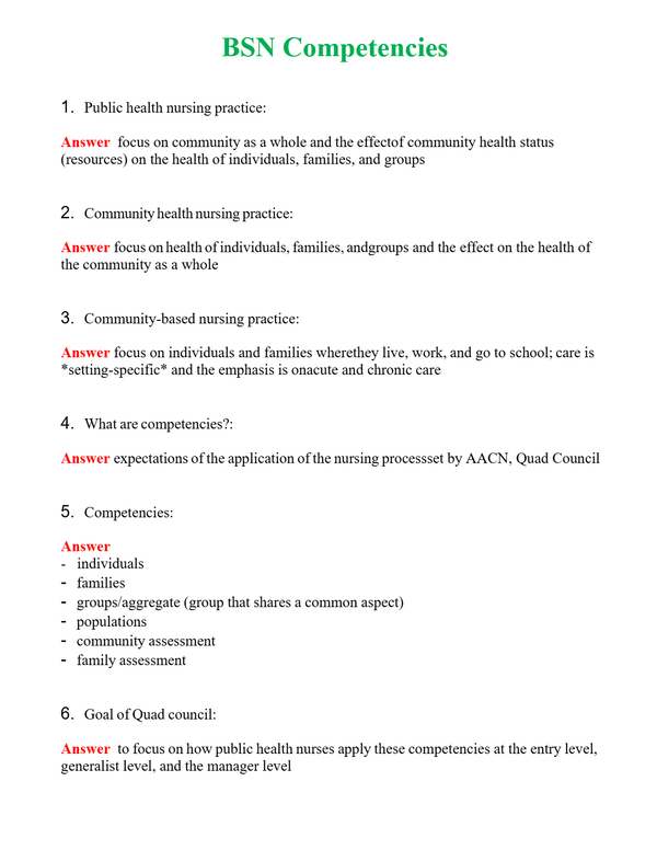 BSN Competencies | Actual Questions and Verified Answers ( Included ) 100% Correct