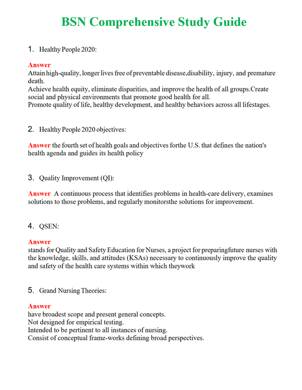 BSN Comprehensive Study Guide | Actual Questions and Verified Answers ( Included ) 100% Correct
