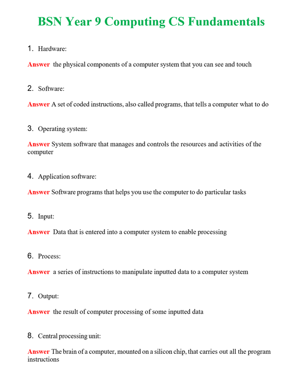 BSN Year 9 Computing CS Fundamentals | Actual Questions and Verified Answers ( Included ) 100% Correct