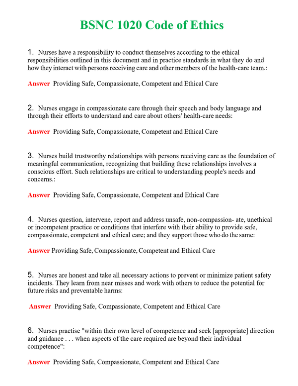 BSNC 1020 Code of Ethics Questions With Complete Grade A+ Answers