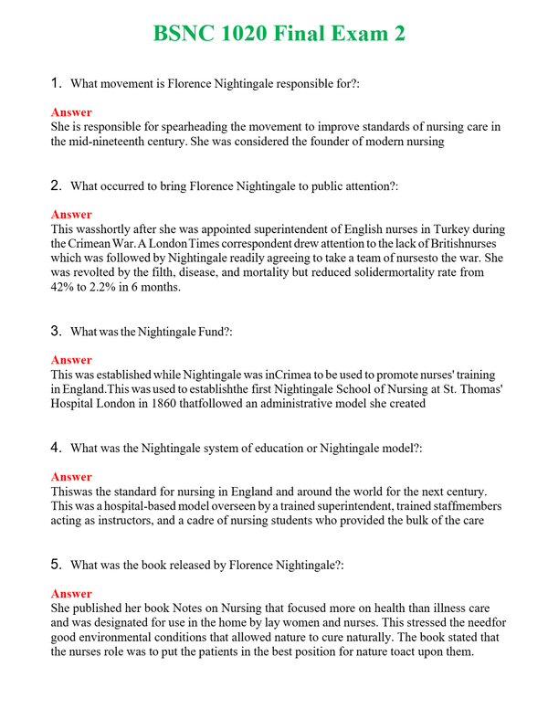 BSNC 1020 Final Exam 2 Questions With Complete Grade A+ Answers