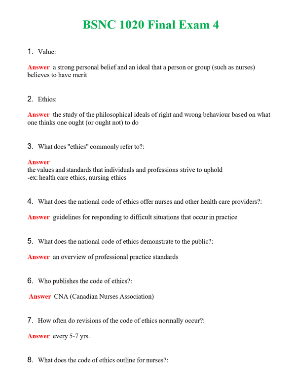 BSNC 1020 Final Exam 4 Questions With Complete Grade A+ Answers
