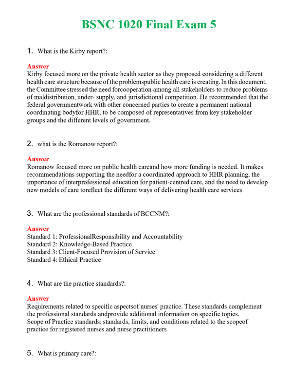 BSNC 1020 Final Exam 5 Questions With Complete Grade A+ Answers