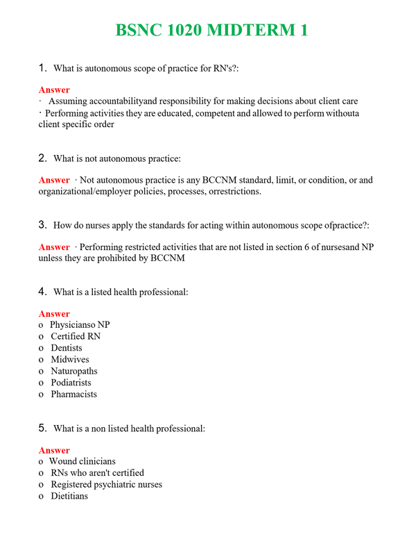 BSNC 1020 MIDTERM 1 Questions With Complete Grade A+ Answers