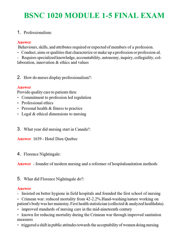 BSNC 1020 MODULE 1-5 FINAL EXAM Questions With Complete Grade A+ Answers