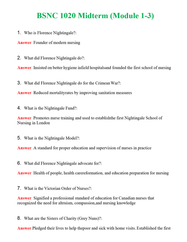 BSNC 1020 Midterm (Module 1-3) Questions With Complete Grade A+ Answers
