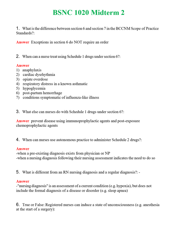 BSNC 1020 Midterm 2 Questions With Complete Grade A+ Answers
