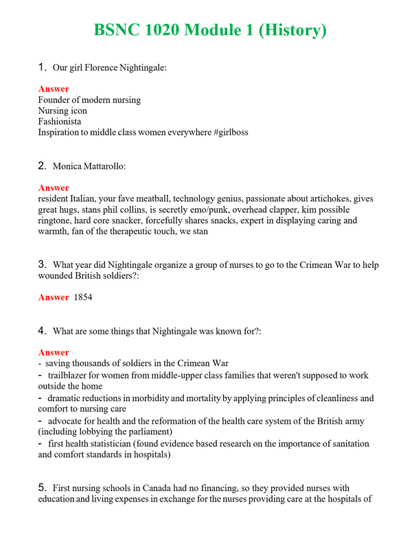 BSNC 1020 Module 1 (History) Questions With Complete Grade A+ Answers