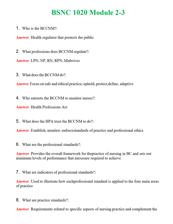 BSNC 1020 Module 2-3 Questions With Complete Grade A+ Answers
