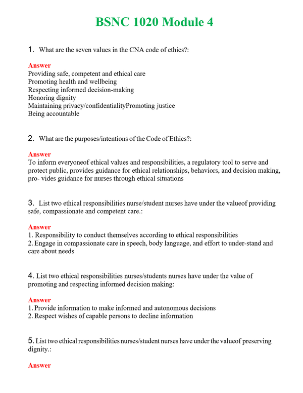 BSNC 1020 Module 4 Questions With Complete Grade A+ Answers