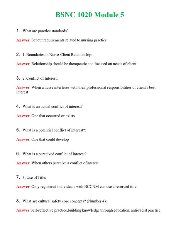 BSNC 1020 Module 5 Questions With Complete Grade A+ Answers