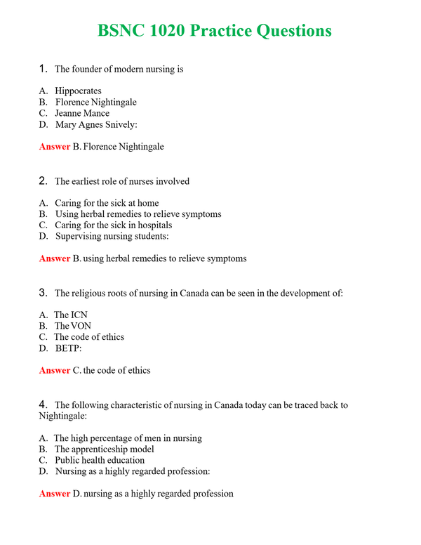 BSNC 1020 Practice Questions Questions With Complete Grade A+ Answers