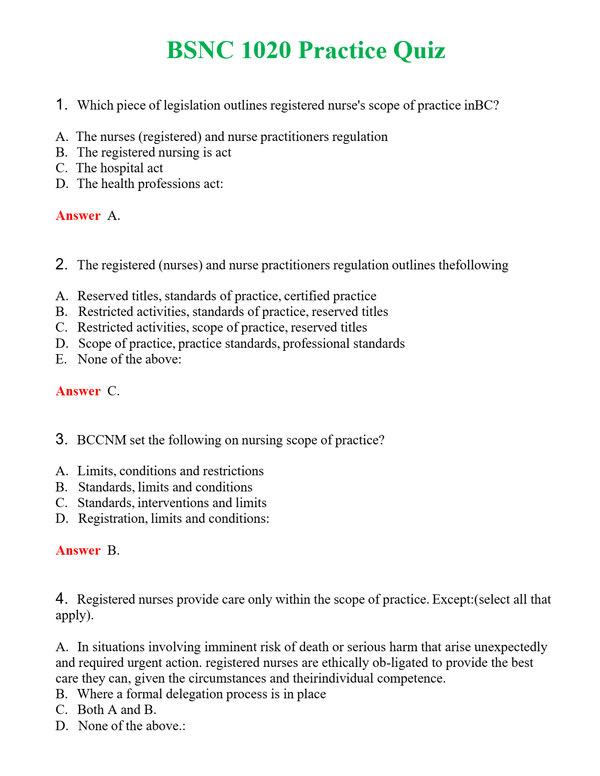 BSNC 1020 Practice Quiz Questions With Complete Grade A+ Answers