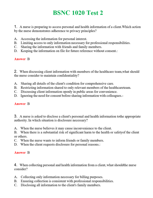 BSNC 1020 Test 2 Questions With Complete Grade A+ Answers
