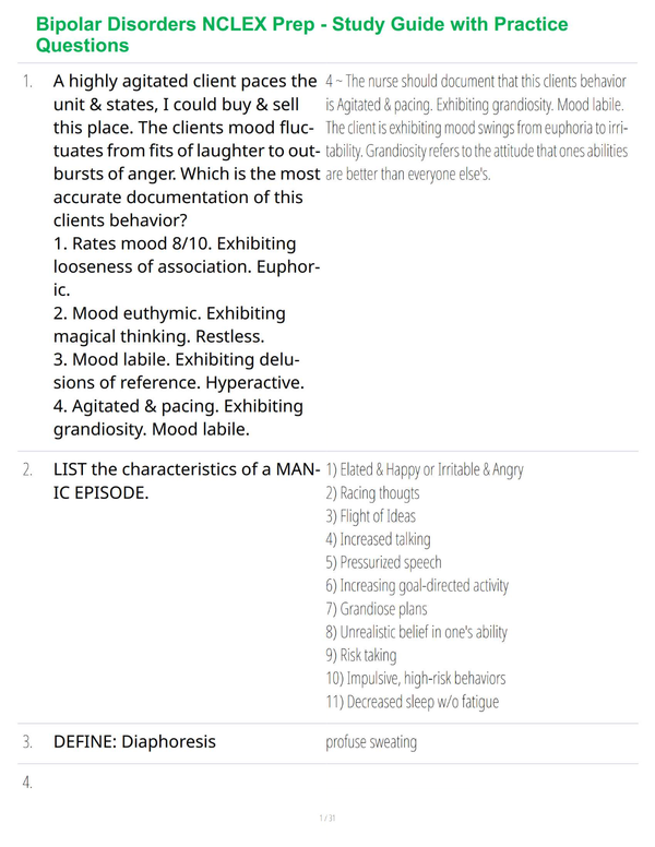 Bipolar Disorders NCLEX Prep - Study Guide with Practice Questions