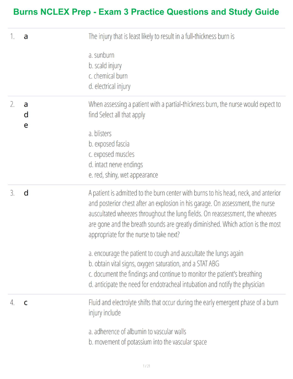 Burns NCLEX Prep - Exam 3 Practice Questions and Study Guide