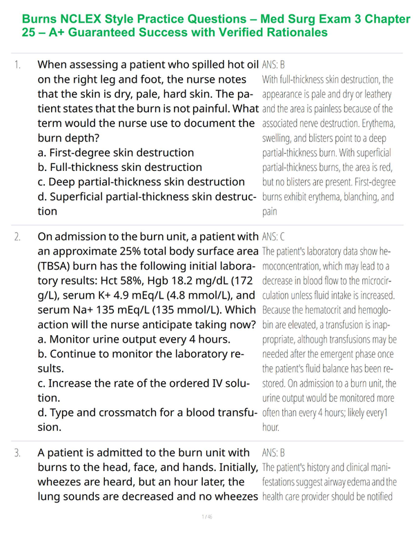 Burns NCLEX Style Practice Questions – Med Surg Exam 3 Chapter 25 – A+ Guaranteed Success with Verified Rationales