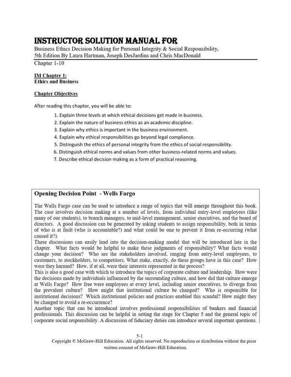Business Ethics Decision Making For Personal Integrity And Social Responsibility 5th Edition By Laura Hartman, Joseph DesJardins, Chris MacDonald SOLUTIONS MANUAL