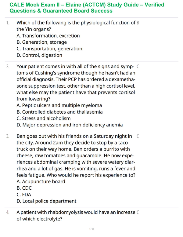 CALE Mock Exam II – Elaine (ACTCM) Study Guide – Verified Questions & Guaranteed Board Success
