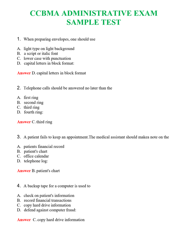 CCBMA ADMINISTRATIVE EXAM SAMPLE TEST | Actual Questions and Verified Answers ( Included ) 100% Correct