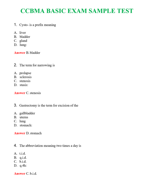 CCBMA BASIC EXAM SAMPLE TEST | Actual Questions and Verified Answers ( Included ) 100% Correct