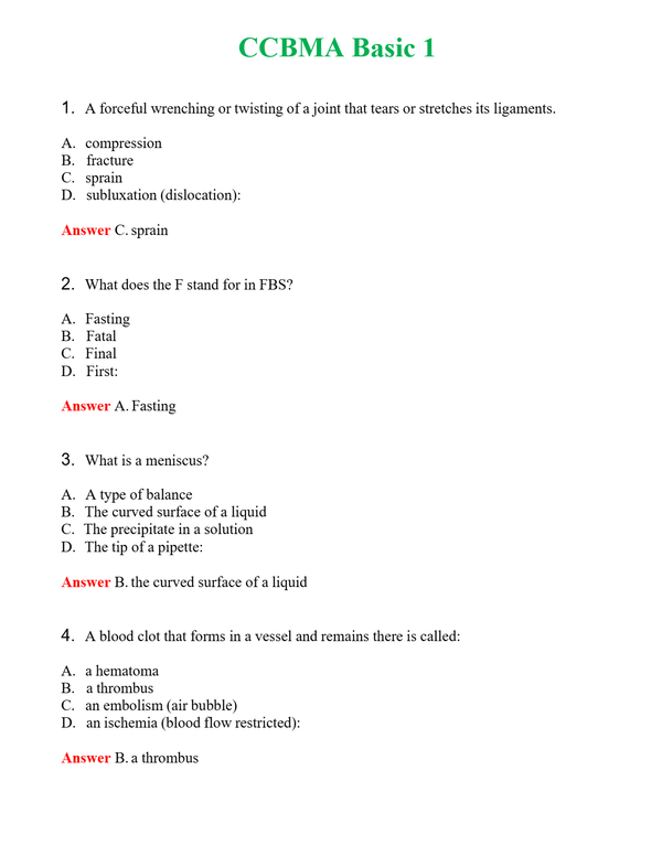 CCBMA Basic 1 | Actual Questions and Verified Answers ( Included ) 100% Correct