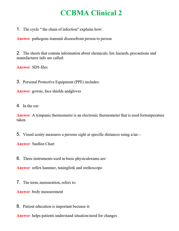 CCBMA Clinical 2 | Actual Questions and Verified Answers ( Included ) 100% Correct