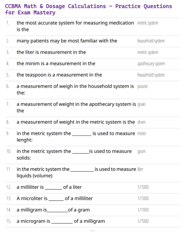 CCBMA Math & Dosage Calculations – Practice Questions for Exam Mastery