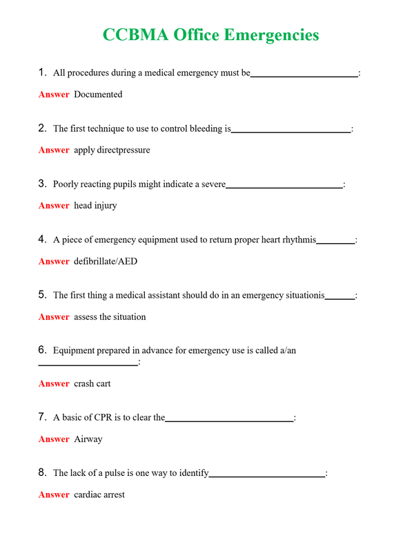 CCBMA Office Emergencies | Actual Questions and Verified Answers ( Included ) 100% Correct