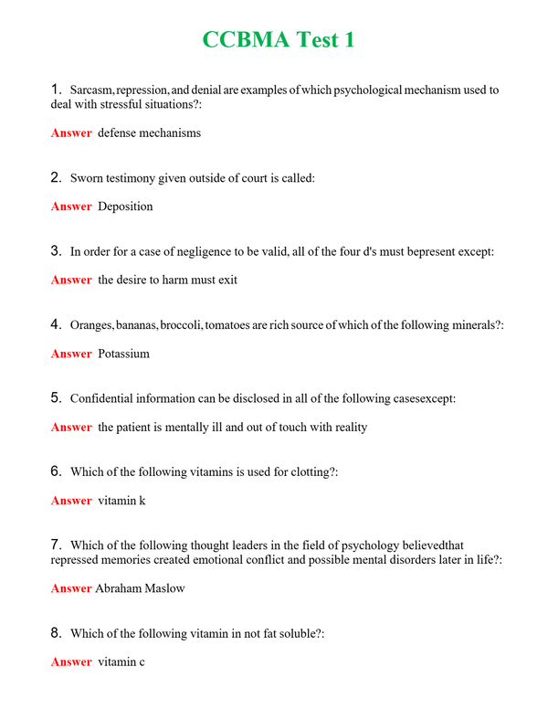 CCBMA Test 1 | Actual Questions and Verified Answers ( Included ) 100% Correct