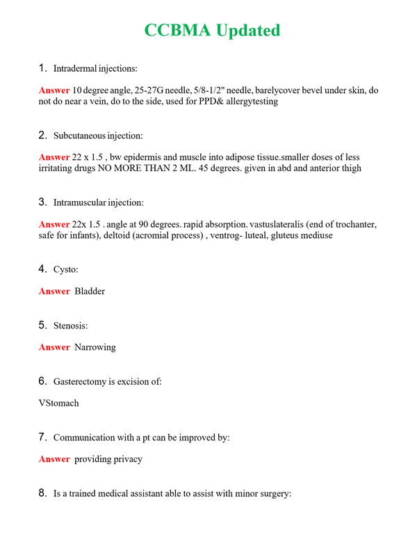 CCBMA Updated | Actual Questions and Verified Answers ( Included ) 100% Correct