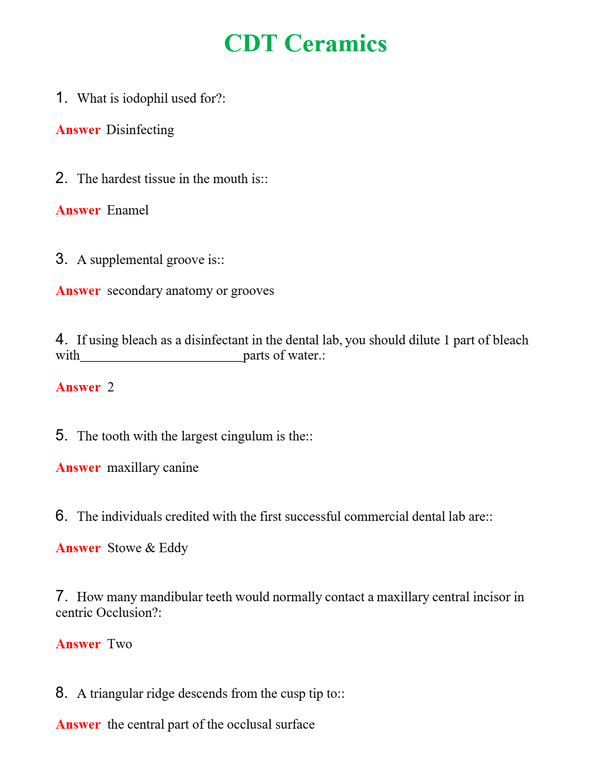 CDT Ceramics Questions With Complete Grade A+ Answers