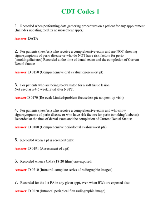 CDT Codes 1 Questions With Complete Grade A+ Answers
