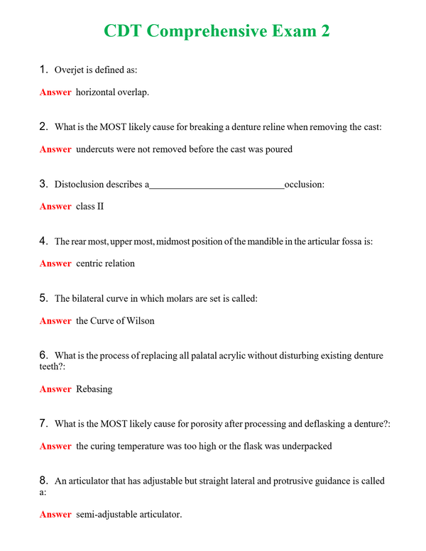 CDT Comprehensive Exam 2 Questions With Complete Grade A+ Answers