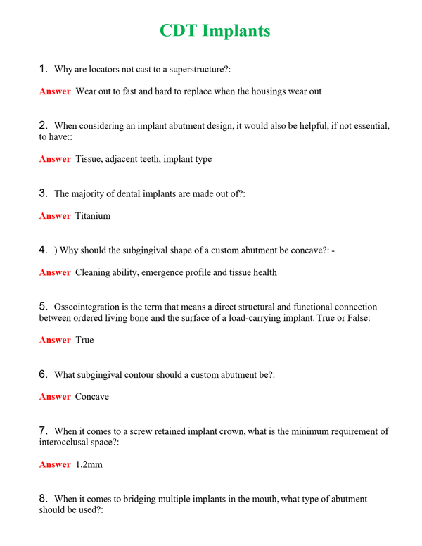 CDT Implants Questions With Complete Grade A+ Answers